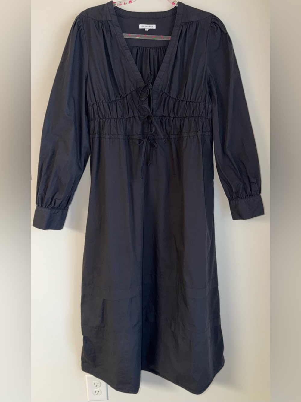 Crescent Black Cotton Maxi Dress Large Long Sleeve Drawstring Waist